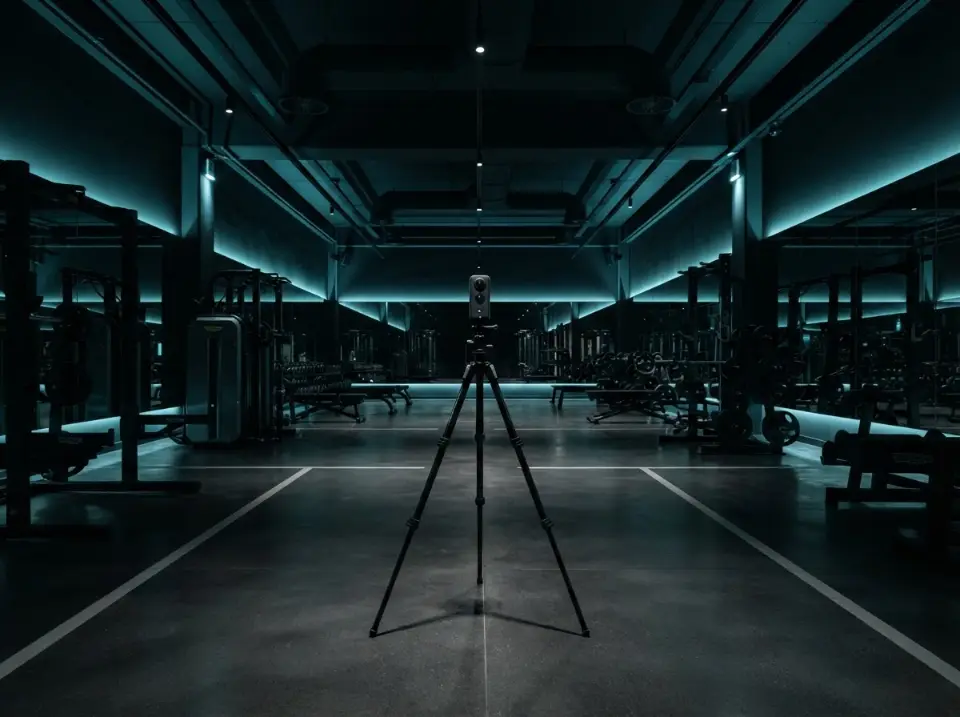 Câmera 360° em tripé dentro de uma academia